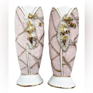 Vintage Lefton Pink Gold Leaf Bud Vases 7” Set of 2 Japan KW008
